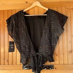 Vintage Prezzia Black Short Sleeve Blouse Size L Women With Shoulder Pads NWT